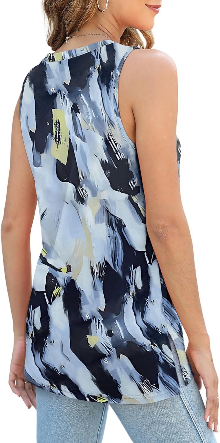 imageXIEERDUO Womens Tank Tops Crewneck Loose Fit Basic Casual Summer Side Split Sleeveless ShirtsHablue Tie Dye