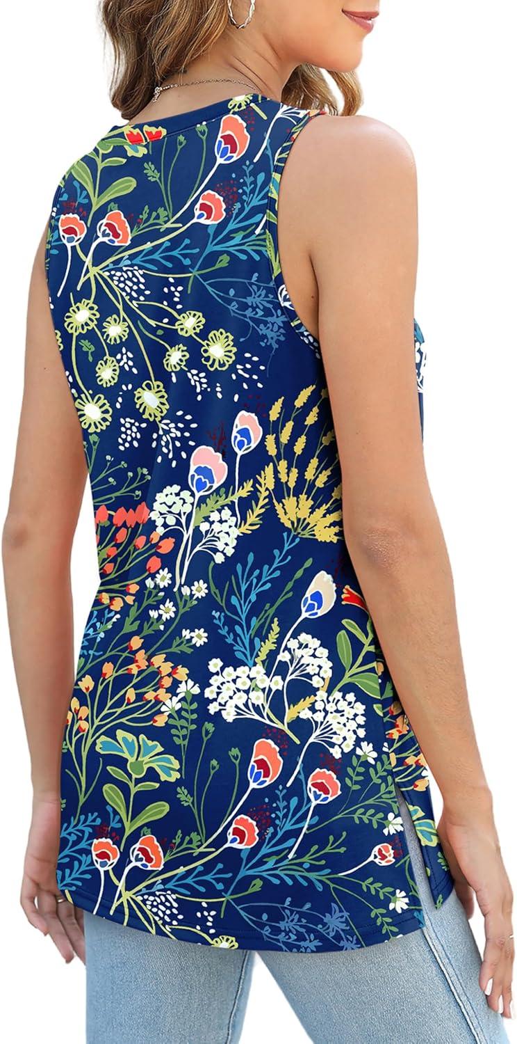 imageXIEERDUO Womens Tank Tops Crewneck Loose Fit Basic Casual Summer Side Split Sleeveless ShirtsHfblue Flower