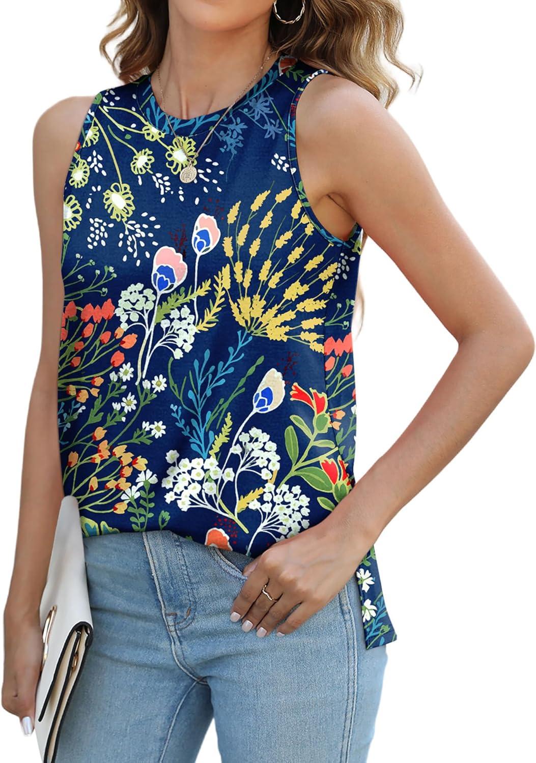 imageXIEERDUO Womens Tank Tops Crewneck Loose Fit Basic Casual Summer Side Split Sleeveless ShirtsHfblue Flower