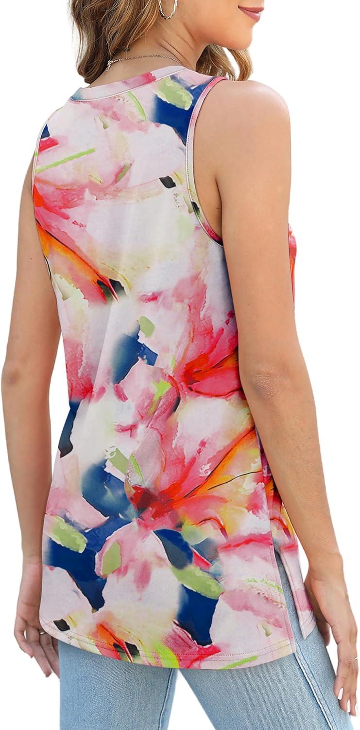 imageXIEERDUO Womens Tank Tops Crewneck Loose Fit Basic Casual Summer Side Split Sleeveless ShirtsHjpeach Floral