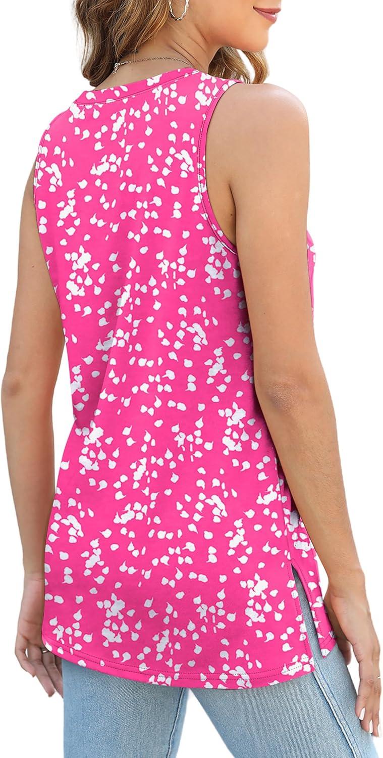 imageXIEERDUO Womens Tank Tops Crewneck Loose Fit Basic Casual Summer Side Split Sleeveless ShirtsIhot Pink Floral