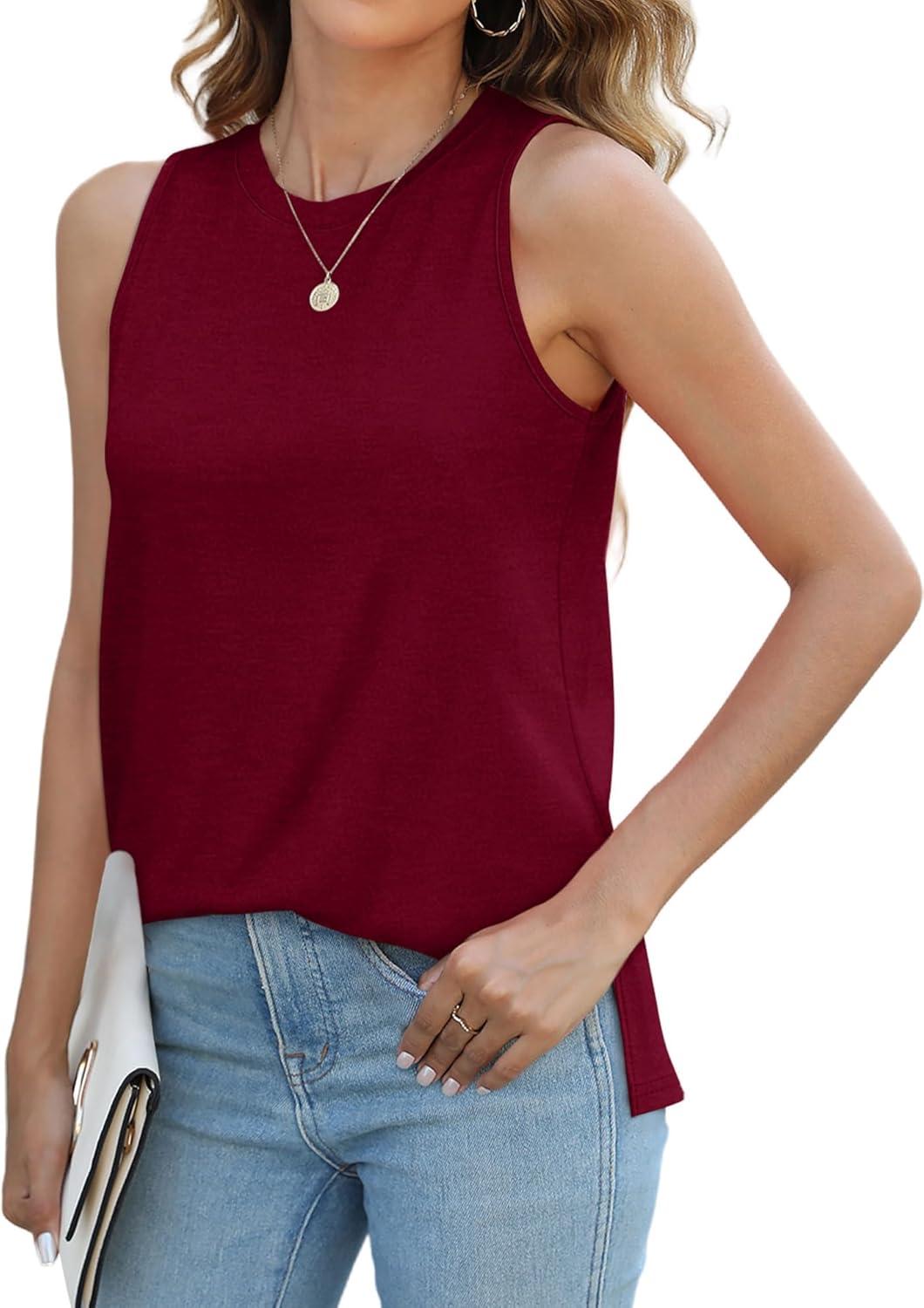 imageXIEERDUO Womens Tank Tops Crewneck Loose Fit Basic Casual Summer Side Split Sleeveless ShirtsKburgundy