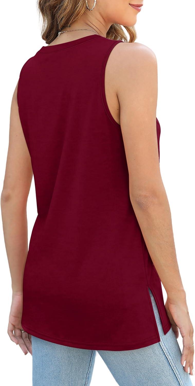 imageXIEERDUO Womens Tank Tops Crewneck Loose Fit Basic Casual Summer Side Split Sleeveless ShirtsKburgundy