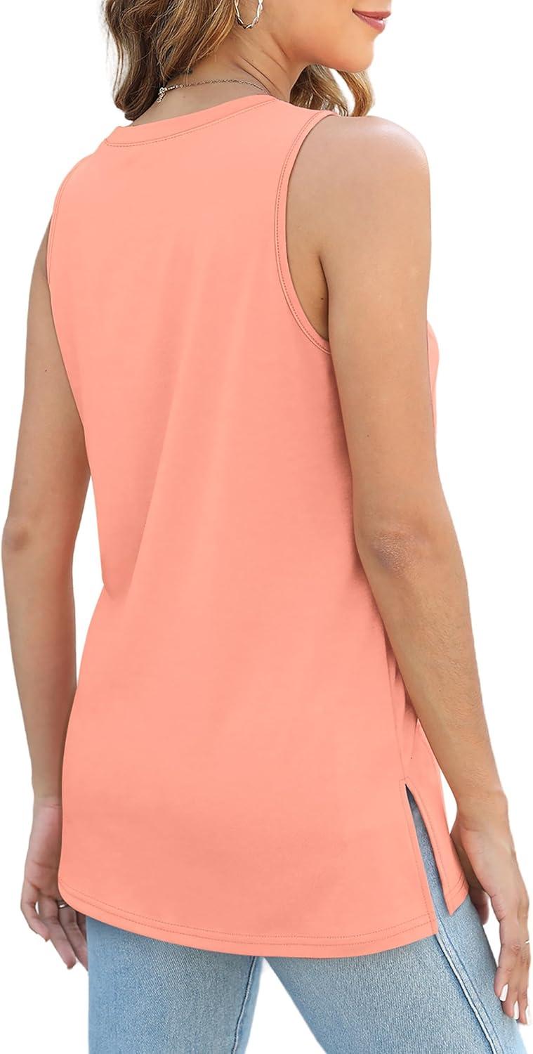 imageXIEERDUO Womens Tank Tops Crewneck Loose Fit Basic Casual Summer Side Split Sleeveless ShirtsLcoral