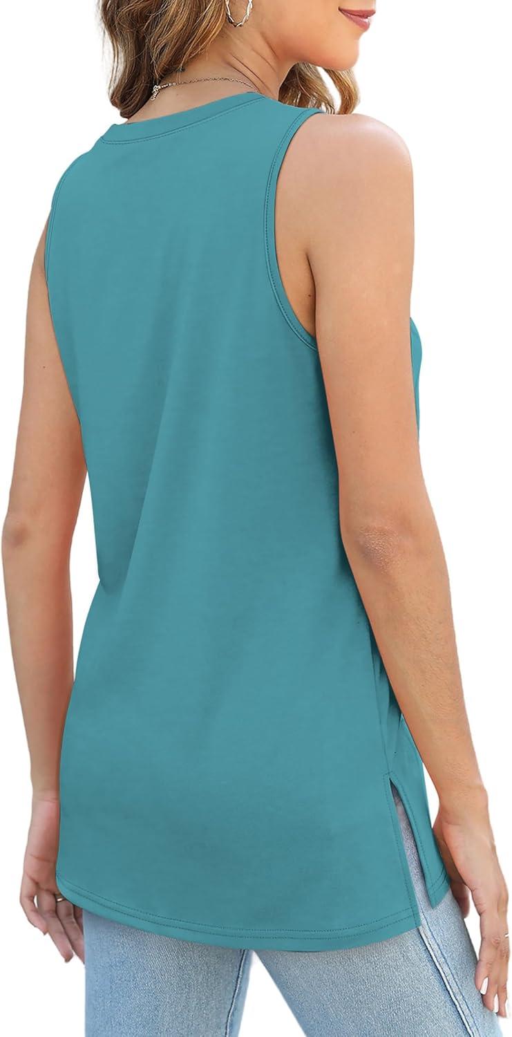 imageXIEERDUO Womens Tank Tops Crewneck Loose Fit Basic Casual Summer Side Split Sleeveless ShirtsOblue Green