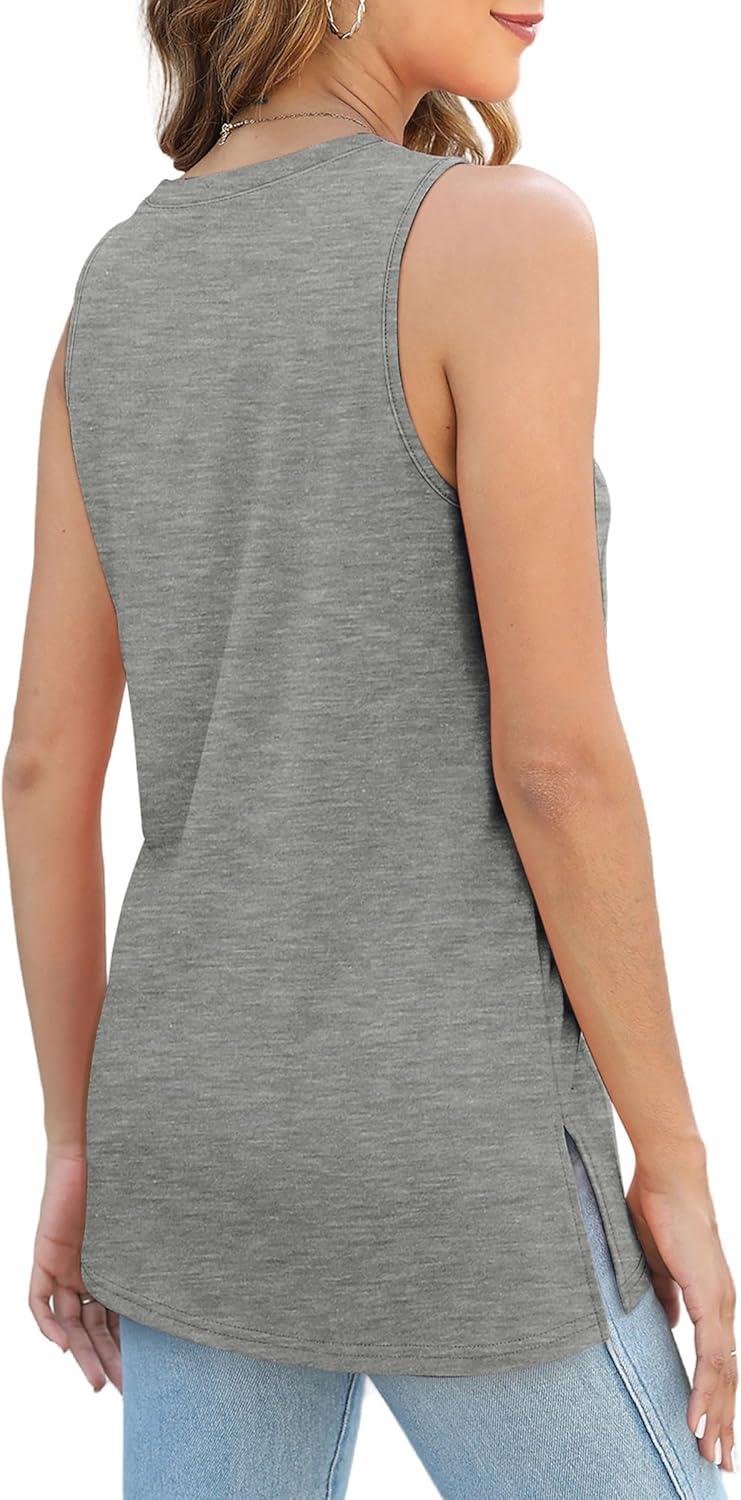 imageXIEERDUO Womens Tank Tops Crewneck Loose Fit Basic Casual Summer Side Split Sleeveless ShirtsQgrey