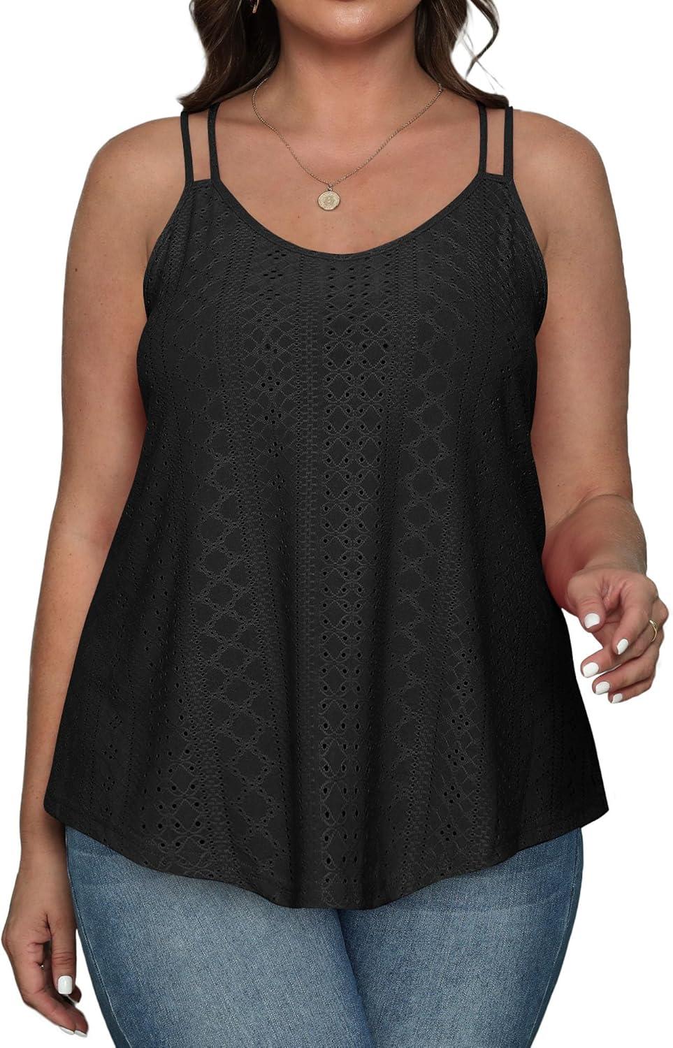 imageXIEERDUO Womens Tank Tops Spaghetti Strap Camisoles Eyelet Embroidery Scoop Neck TopsAll Black