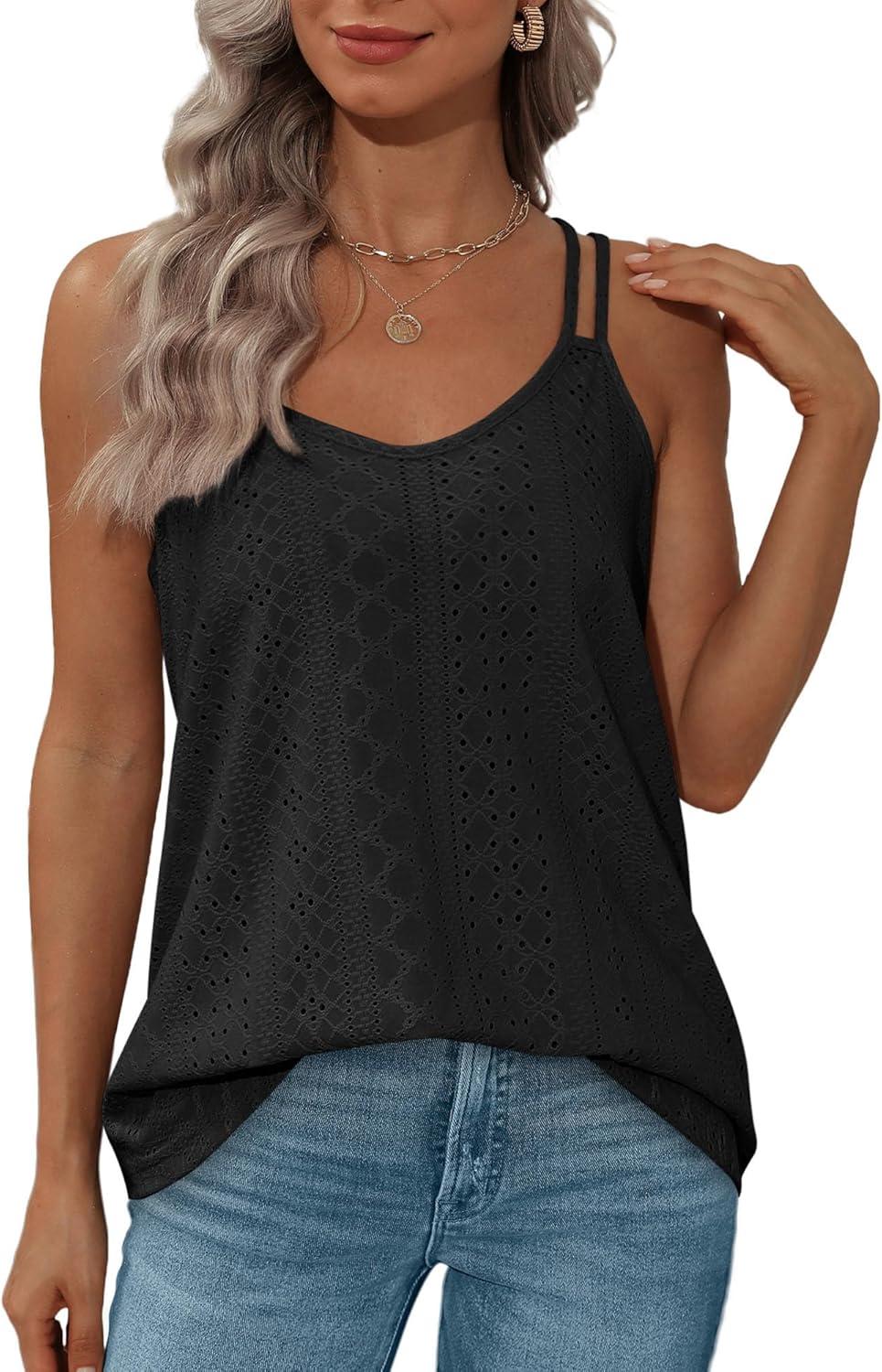 imageXIEERDUO Womens Tank Tops Spaghetti Strap Camisoles Eyelet Embroidery Scoop Neck TopsAll Black