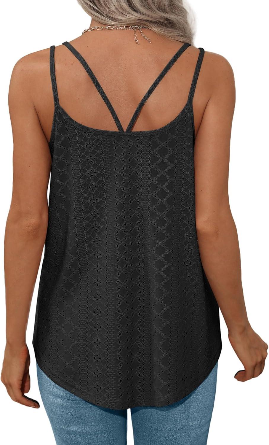 imageXIEERDUO Womens Tank Tops Spaghetti Strap Camisoles Eyelet Embroidery Scoop Neck TopsAll Black