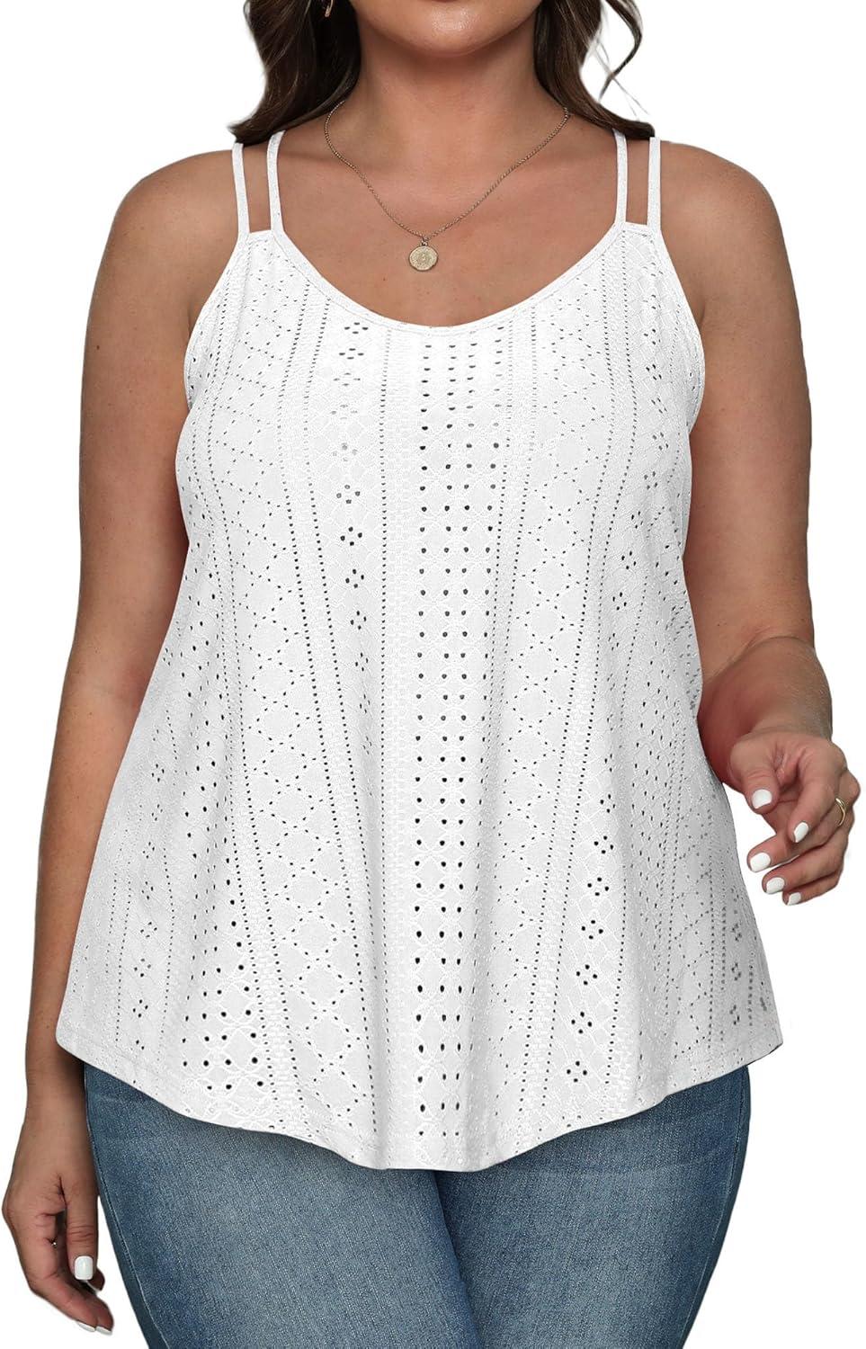 imageXIEERDUO Womens Tank Tops Spaghetti Strap Camisoles Eyelet Embroidery Scoop Neck TopsAll White