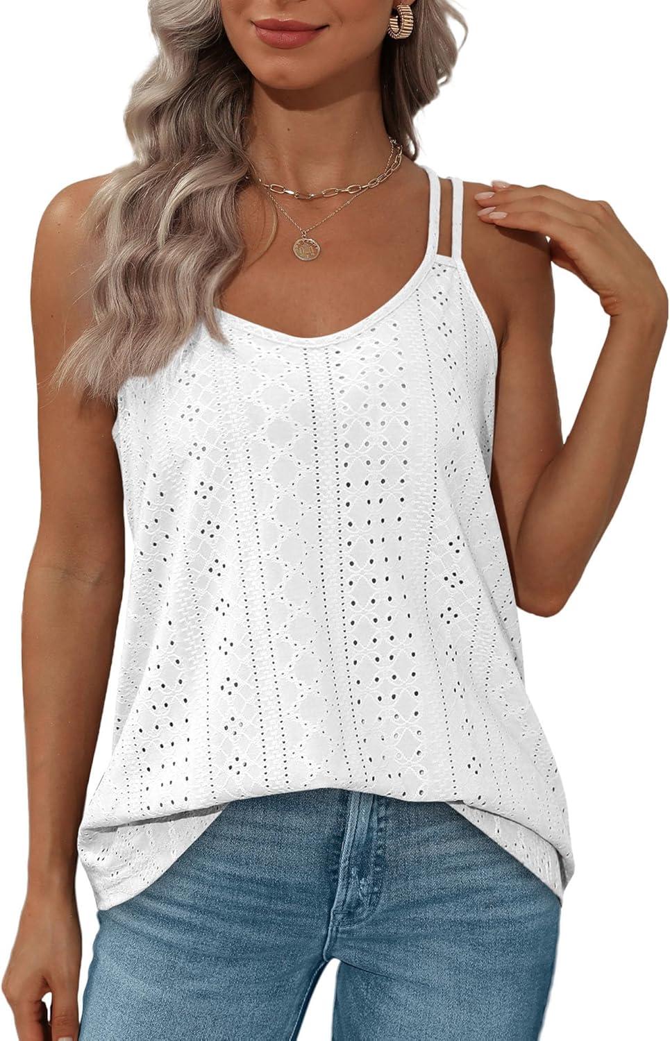 imageXIEERDUO Womens Tank Tops Spaghetti Strap Camisoles Eyelet Embroidery Scoop Neck TopsAll White