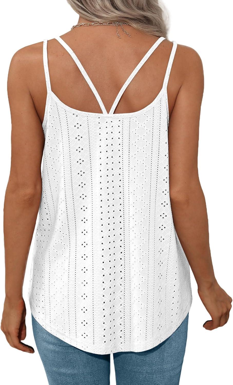 imageXIEERDUO Womens Tank Tops Spaghetti Strap Camisoles Eyelet Embroidery Scoop Neck TopsAll White
