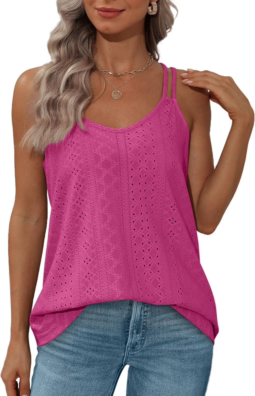 imageXIEERDUO Womens Tank Tops Spaghetti Strap Camisoles Eyelet Embroidery Scoop Neck TopsI Hot Pink