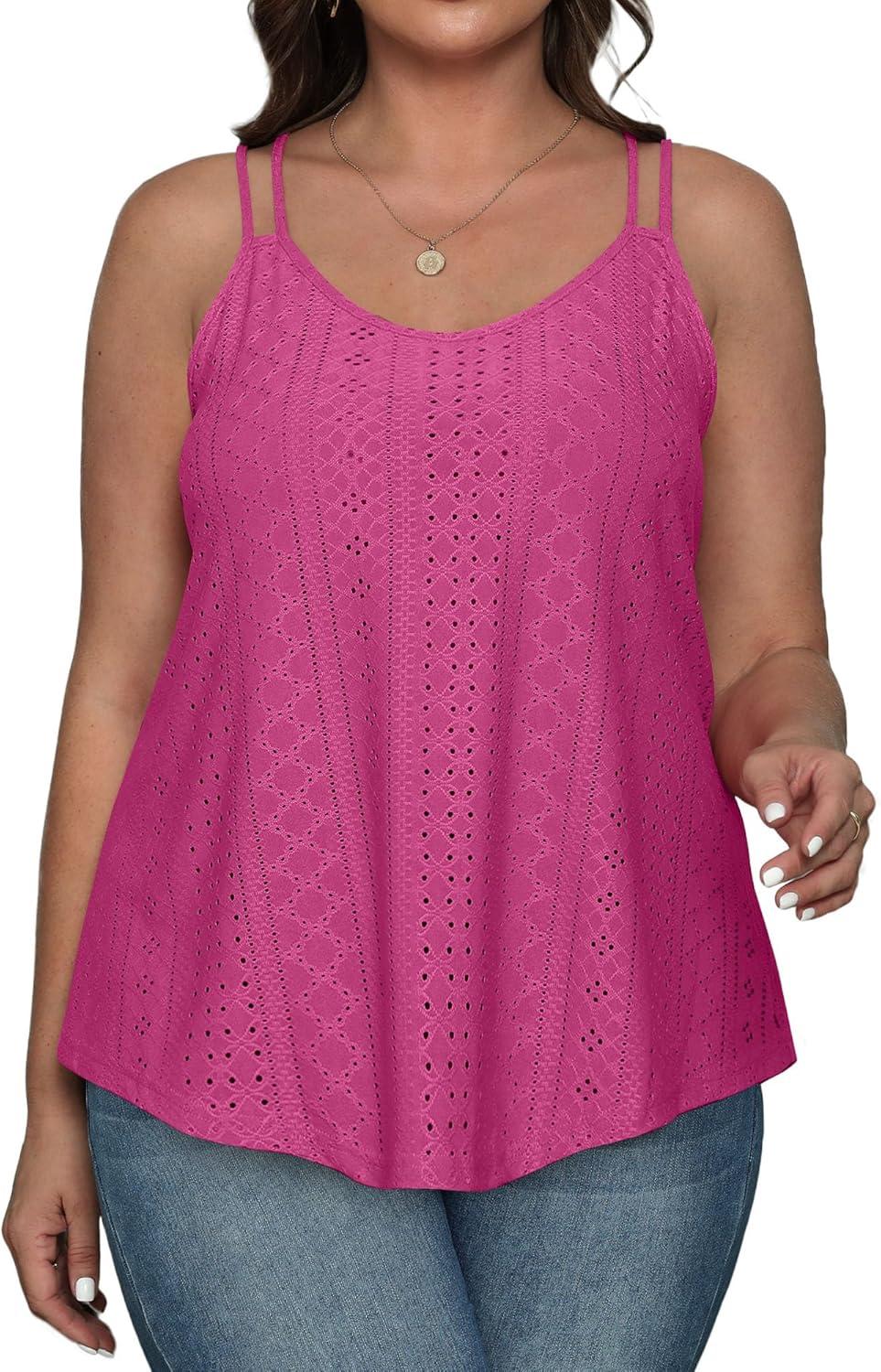 imageXIEERDUO Womens Tank Tops Spaghetti Strap Camisoles Eyelet Embroidery Scoop Neck TopsI Hot Pink