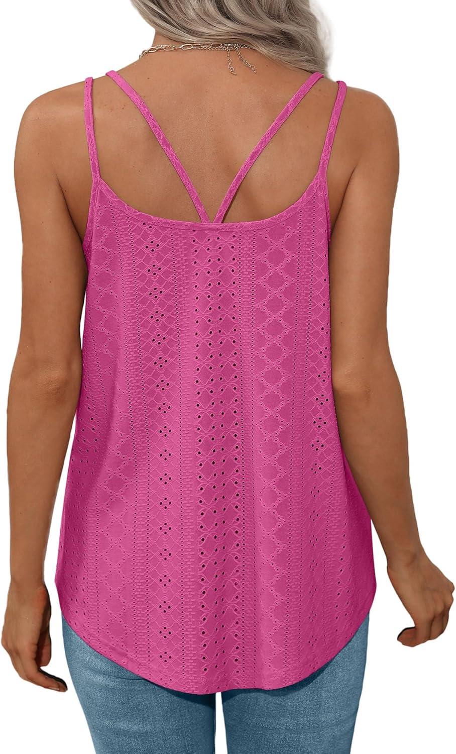 imageXIEERDUO Womens Tank Tops Spaghetti Strap Camisoles Eyelet Embroidery Scoop Neck TopsI Hot Pink