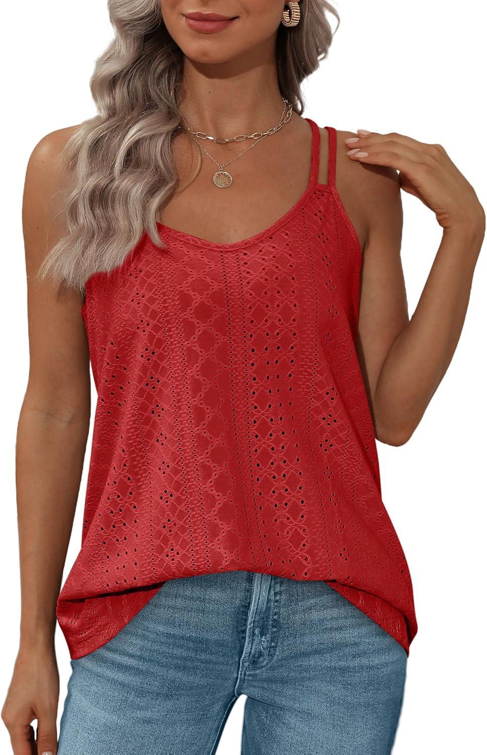 imageXIEERDUO Womens Tank Tops Spaghetti Strap Camisoles Eyelet Embroidery Scoop Neck TopsJ Red