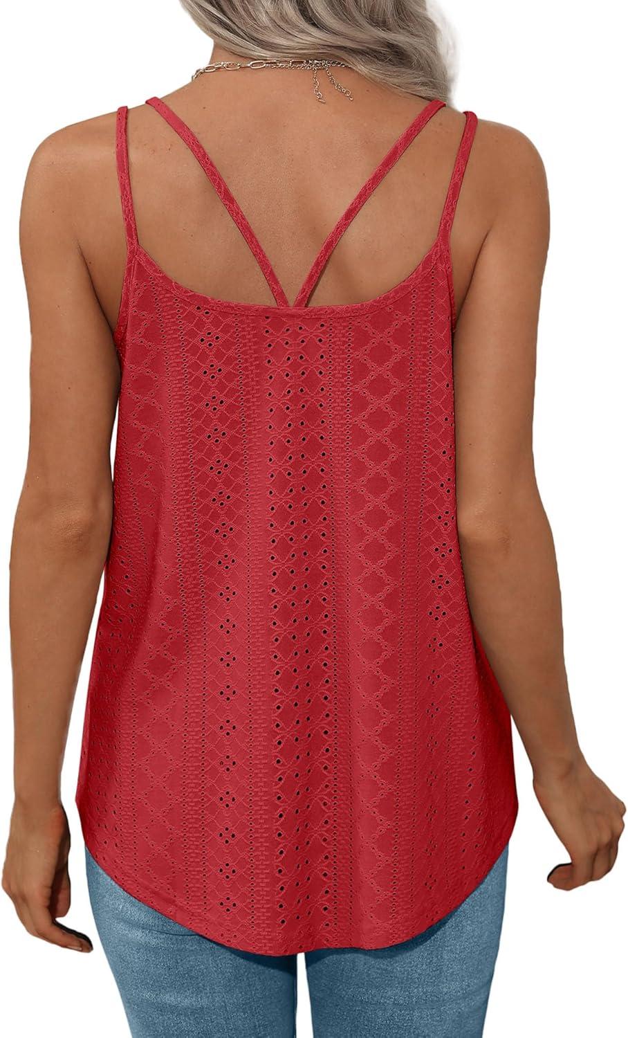 imageXIEERDUO Womens Tank Tops Spaghetti Strap Camisoles Eyelet Embroidery Scoop Neck TopsJ Red