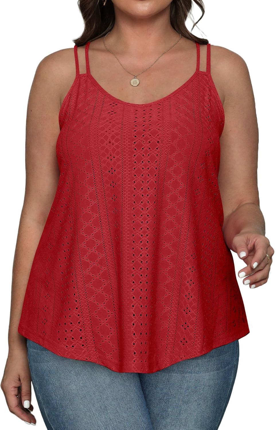 imageXIEERDUO Womens Tank Tops Spaghetti Strap Camisoles Eyelet Embroidery Scoop Neck TopsJ Red