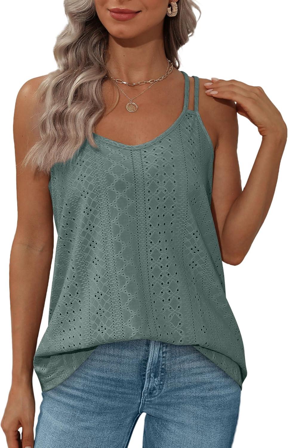 imageXIEERDUO Womens Tank Tops Spaghetti Strap Camisoles Eyelet Embroidery Scoop Neck TopsK Green