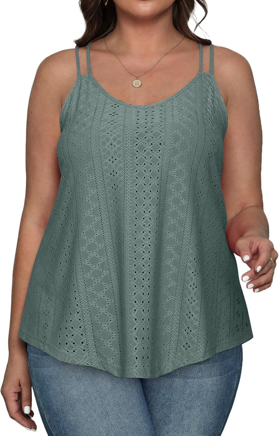 imageXIEERDUO Womens Tank Tops Spaghetti Strap Camisoles Eyelet Embroidery Scoop Neck TopsK Green