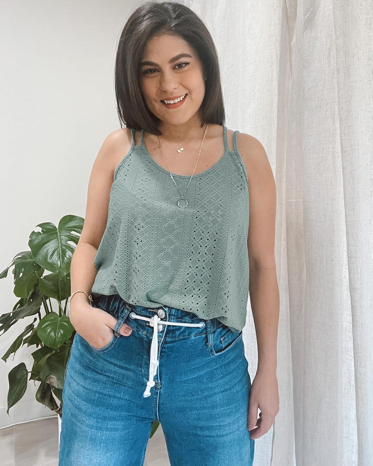 imageXIEERDUO Womens Tank Tops Spaghetti Strap Camisoles Eyelet Embroidery Scoop Neck TopsK Green