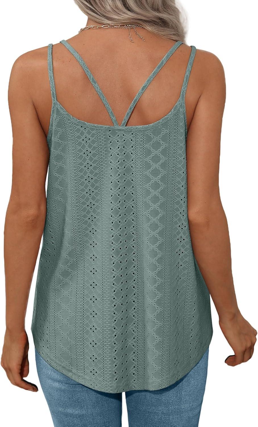 imageXIEERDUO Womens Tank Tops Spaghetti Strap Camisoles Eyelet Embroidery Scoop Neck TopsK Green