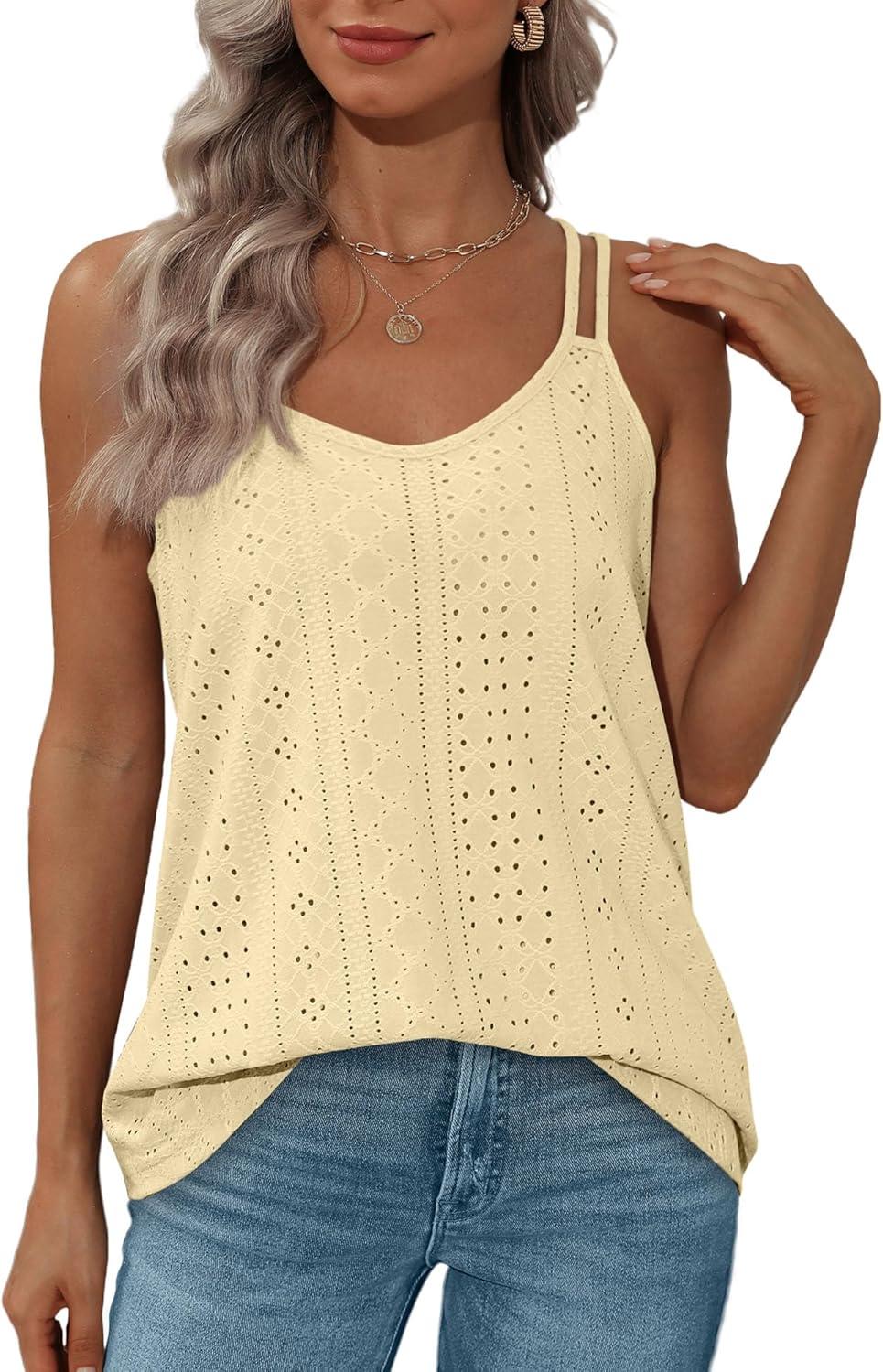 imageXIEERDUO Womens Tank Tops Spaghetti Strap Camisoles Eyelet Embroidery Scoop Neck TopsL Yellow