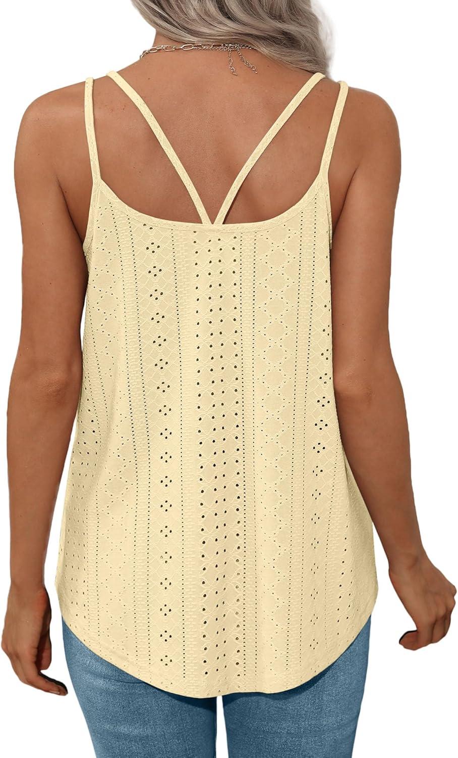 imageXIEERDUO Womens Tank Tops Spaghetti Strap Camisoles Eyelet Embroidery Scoop Neck TopsL Yellow