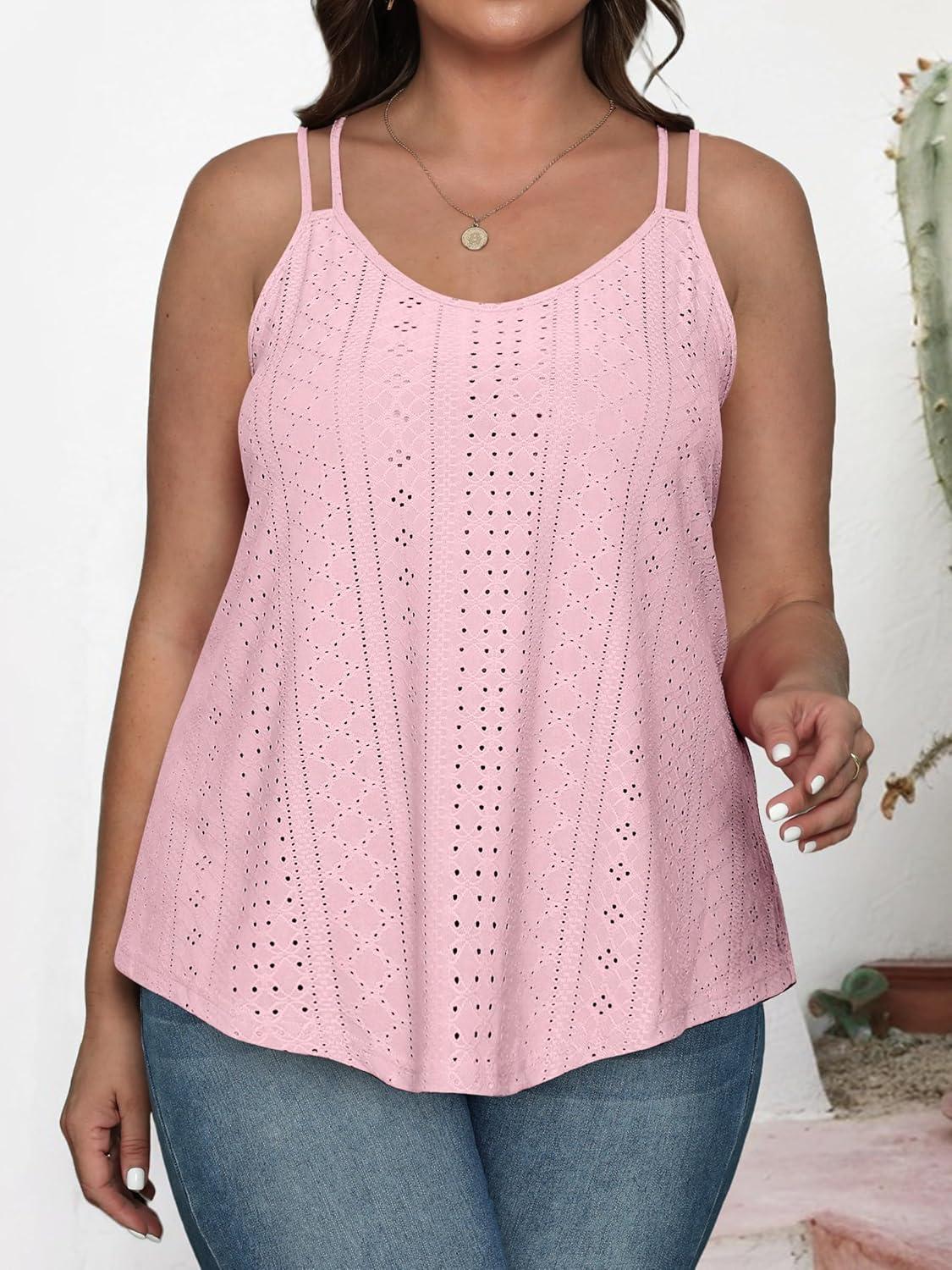 imageXIEERDUO Womens Tank Tops Spaghetti Strap Camisoles Eyelet Embroidery Scoop Neck TopsLight Pink