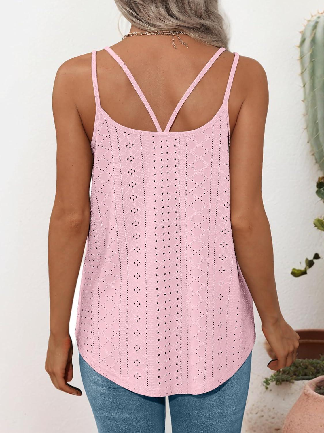 imageXIEERDUO Womens Tank Tops Spaghetti Strap Camisoles Eyelet Embroidery Scoop Neck TopsLight Pink