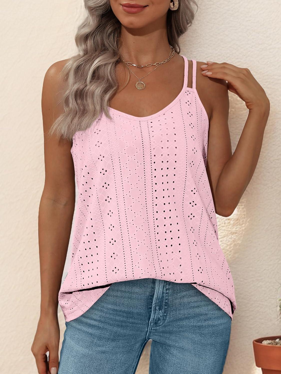 imageXIEERDUO Womens Tank Tops Spaghetti Strap Camisoles Eyelet Embroidery Scoop Neck TopsLight Pink