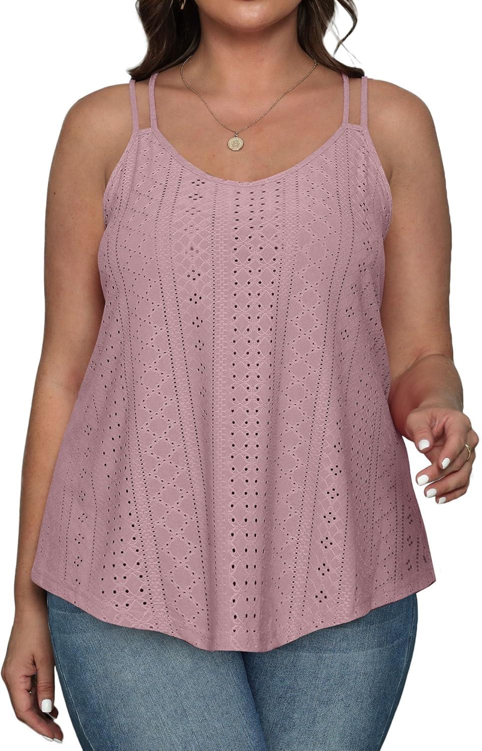 imageXIEERDUO Womens Tank Tops Spaghetti Strap Camisoles Eyelet Embroidery Scoop Neck TopsM Pink