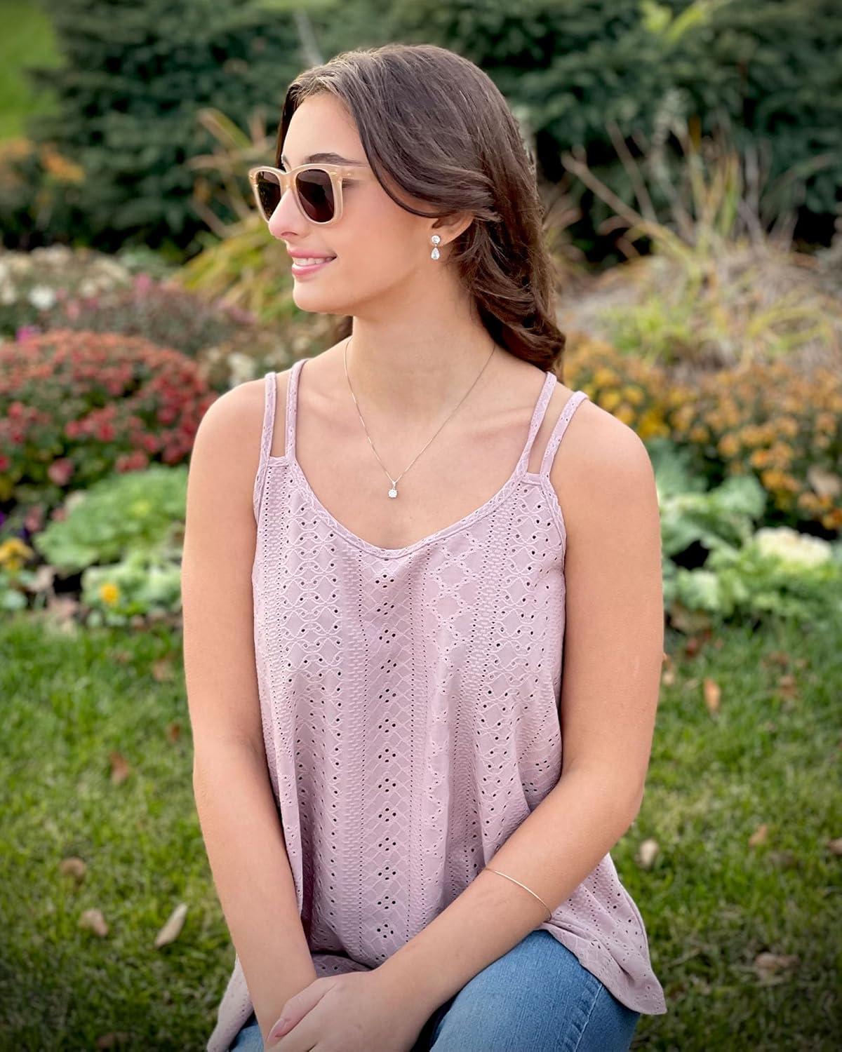 imageXIEERDUO Womens Tank Tops Spaghetti Strap Camisoles Eyelet Embroidery Scoop Neck TopsM Pink