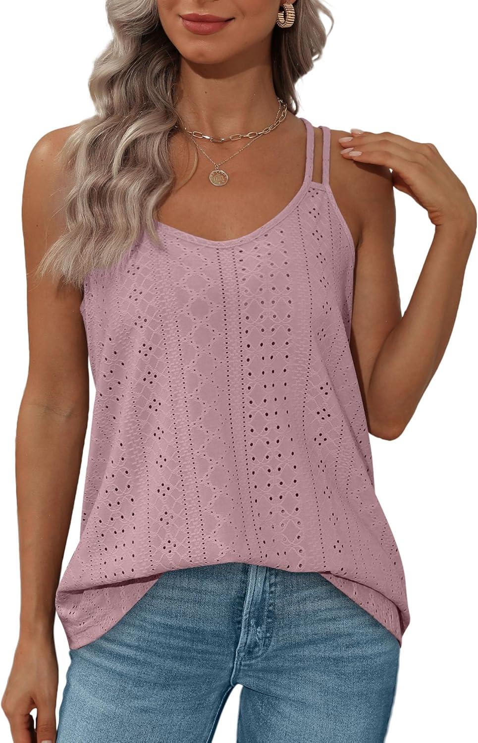 imageXIEERDUO Womens Tank Tops Spaghetti Strap Camisoles Eyelet Embroidery Scoop Neck TopsM Pink