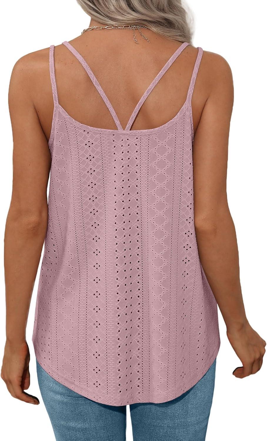 imageXIEERDUO Womens Tank Tops Spaghetti Strap Camisoles Eyelet Embroidery Scoop Neck TopsM Pink