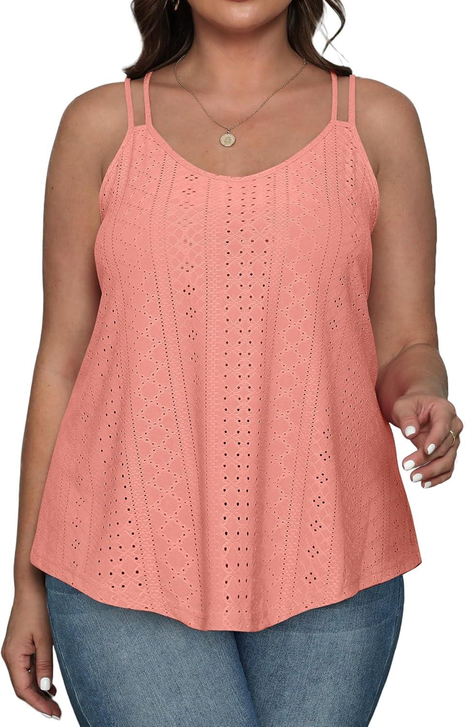 imageXIEERDUO Womens Tank Tops Spaghetti Strap Camisoles Eyelet Embroidery Scoop Neck TopsM1 Coral