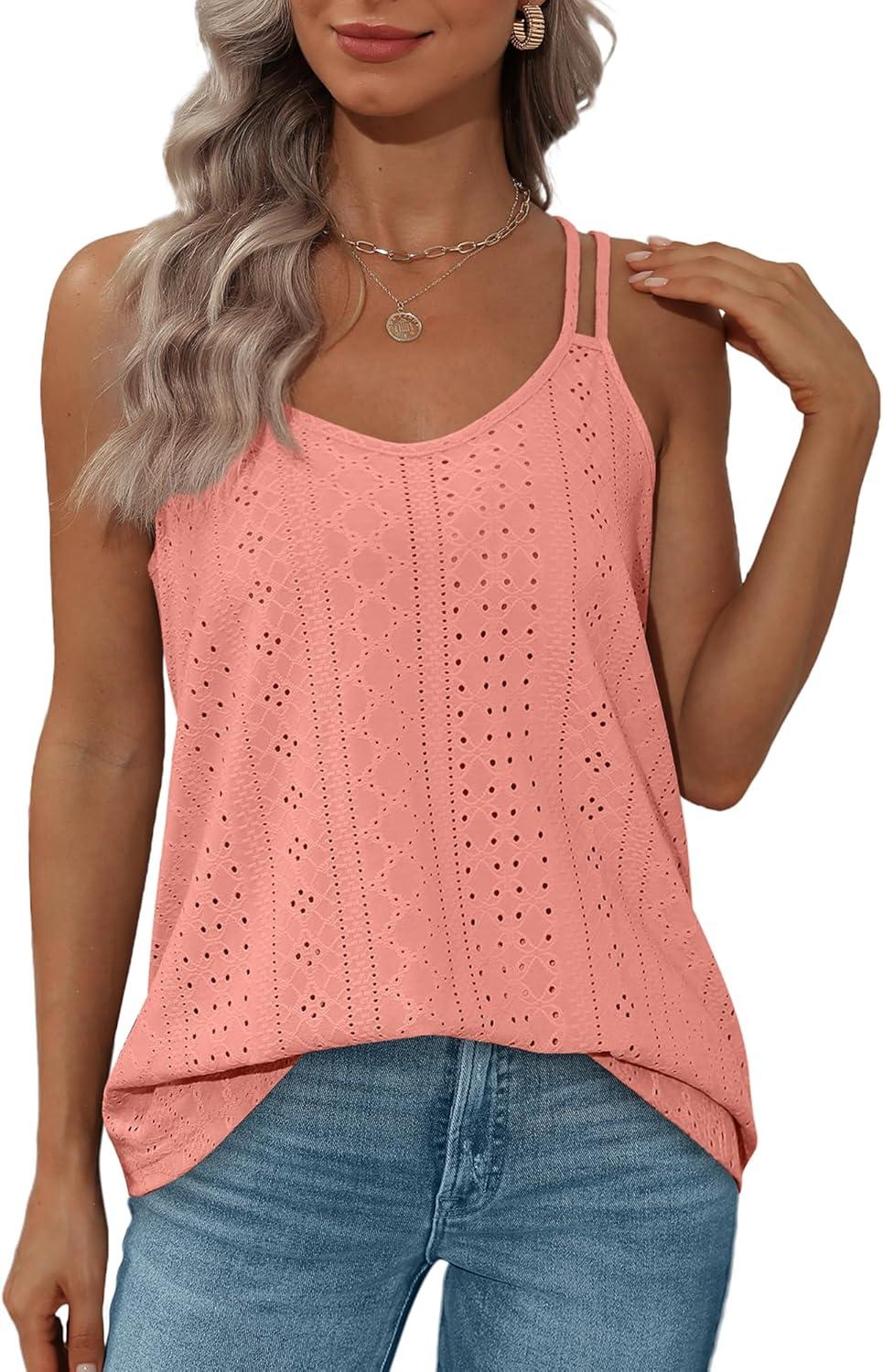 imageXIEERDUO Womens Tank Tops Spaghetti Strap Camisoles Eyelet Embroidery Scoop Neck TopsM1 Coral