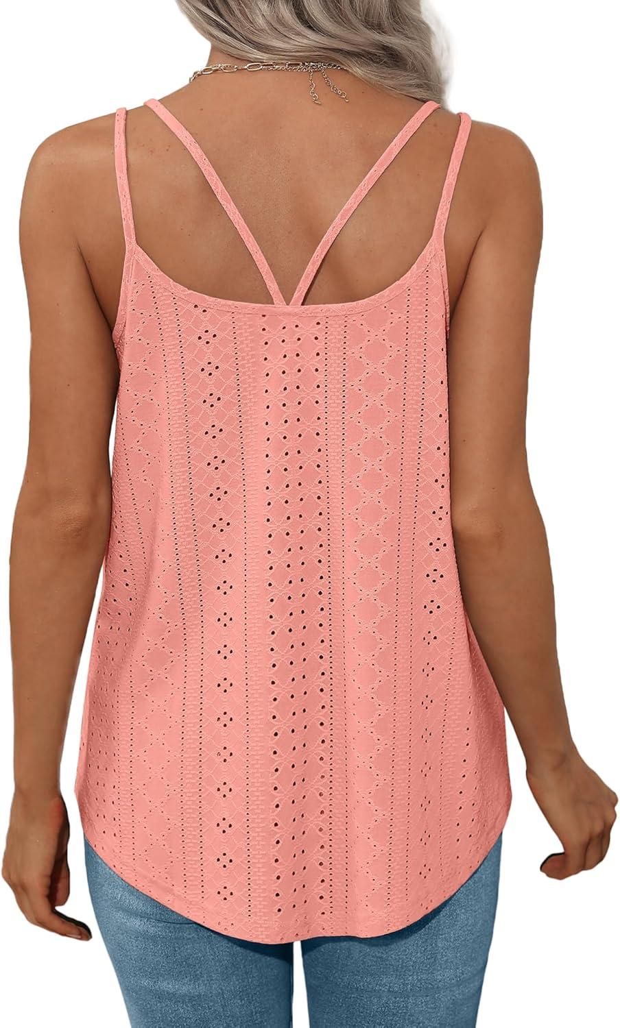 imageXIEERDUO Womens Tank Tops Spaghetti Strap Camisoles Eyelet Embroidery Scoop Neck TopsM1 Coral