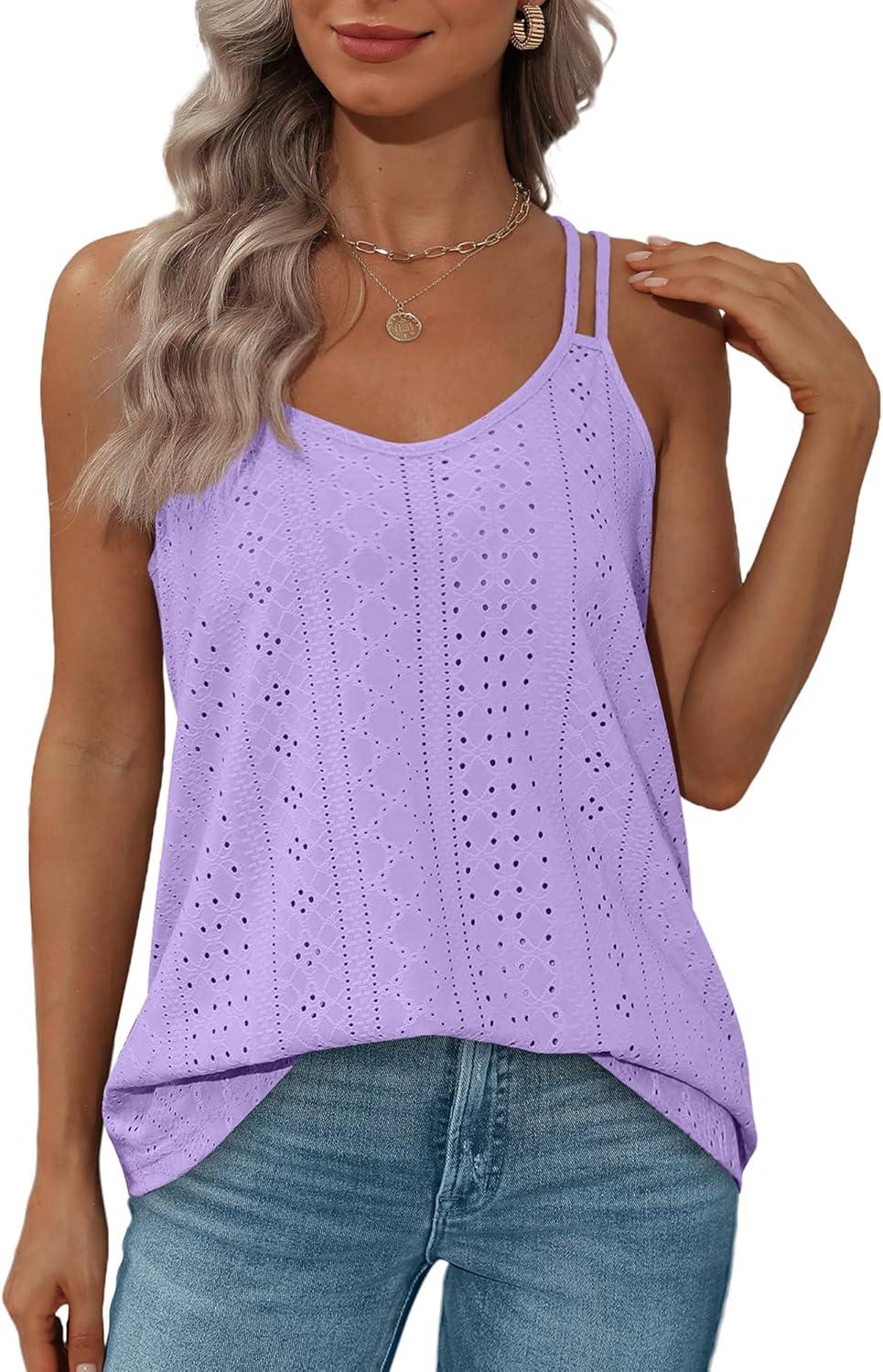 imageXIEERDUO Womens Tank Tops Spaghetti Strap Camisoles Eyelet Embroidery Scoop Neck TopsM2 Purple