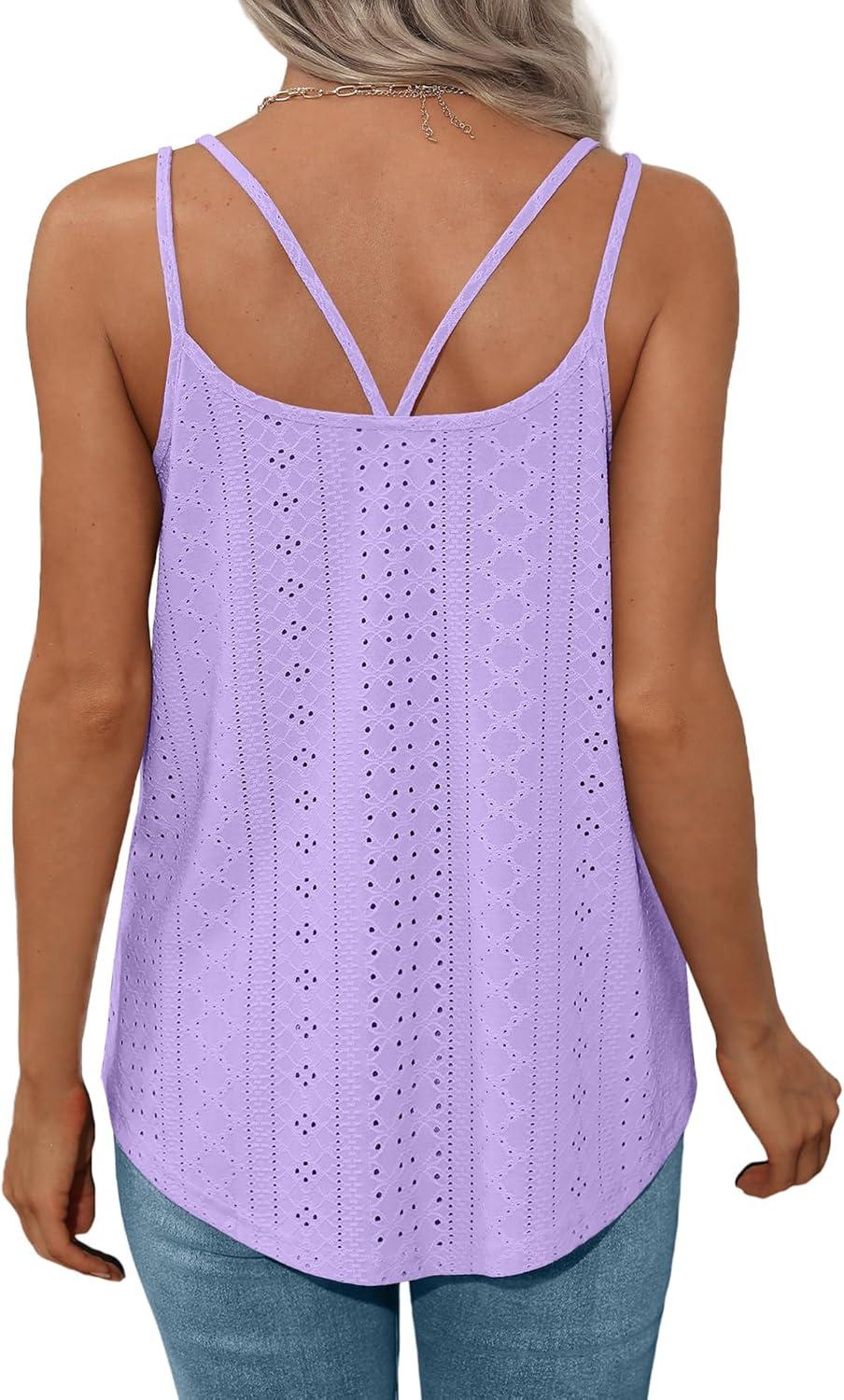 imageXIEERDUO Womens Tank Tops Spaghetti Strap Camisoles Eyelet Embroidery Scoop Neck TopsM2 Purple