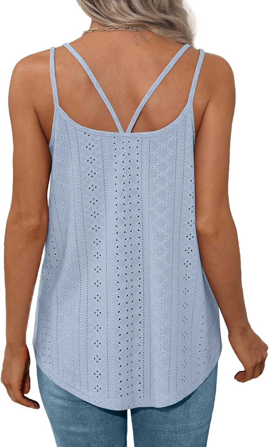 imageXIEERDUO Womens Tank Tops Spaghetti Strap Camisoles Eyelet Embroidery Scoop Neck TopsM3 Blue