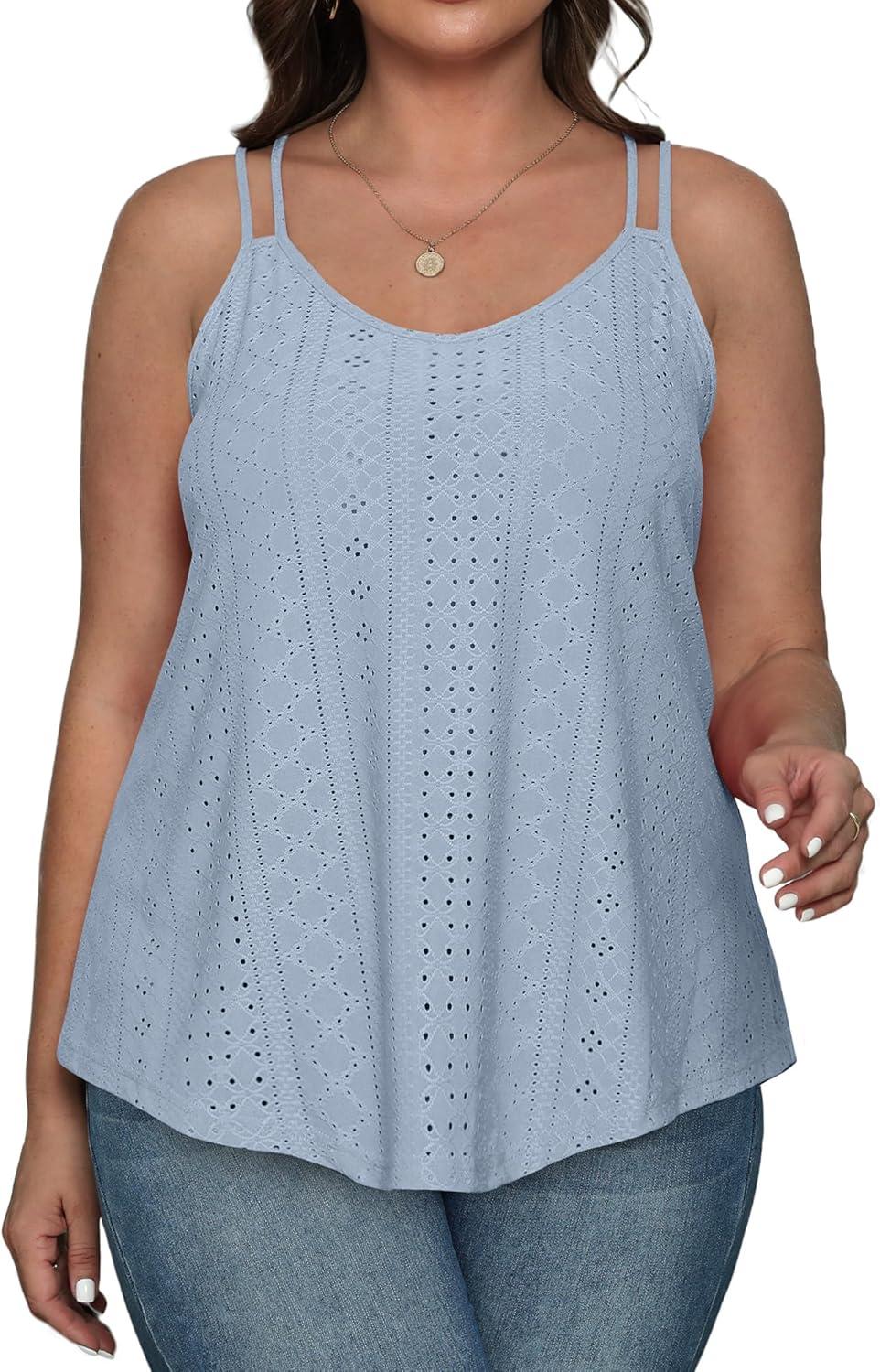 imageXIEERDUO Womens Tank Tops Spaghetti Strap Camisoles Eyelet Embroidery Scoop Neck TopsM3 Blue