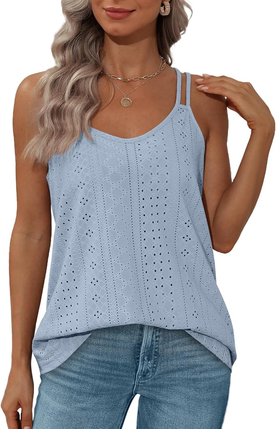 imageXIEERDUO Womens Tank Tops Spaghetti Strap Camisoles Eyelet Embroidery Scoop Neck TopsM3 Blue