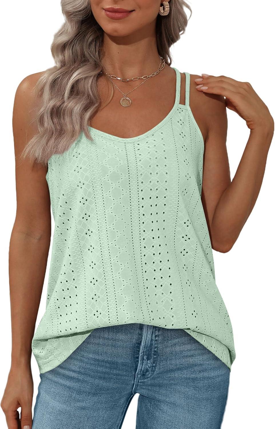 imageXIEERDUO Womens Tank Tops Spaghetti Strap Camisoles Eyelet Embroidery Scoop Neck TopsM4 Mint Green