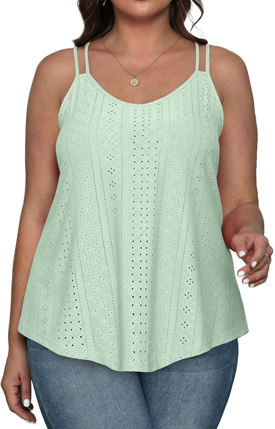 imageXIEERDUO Womens Tank Tops Spaghetti Strap Camisoles Eyelet Embroidery Scoop Neck TopsM4 Mint Green