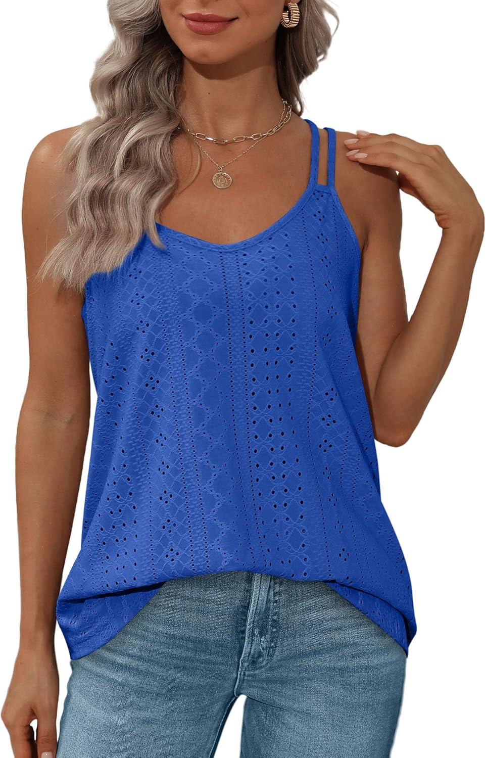 imageXIEERDUO Womens Tank Tops Spaghetti Strap Camisoles Eyelet Embroidery Scoop Neck TopsM5 Royal Blue