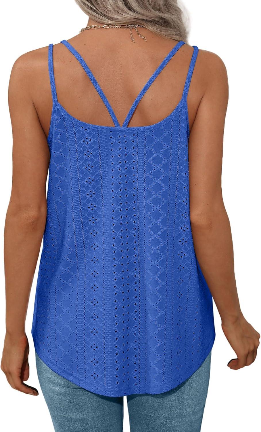 imageXIEERDUO Womens Tank Tops Spaghetti Strap Camisoles Eyelet Embroidery Scoop Neck TopsM5 Royal Blue