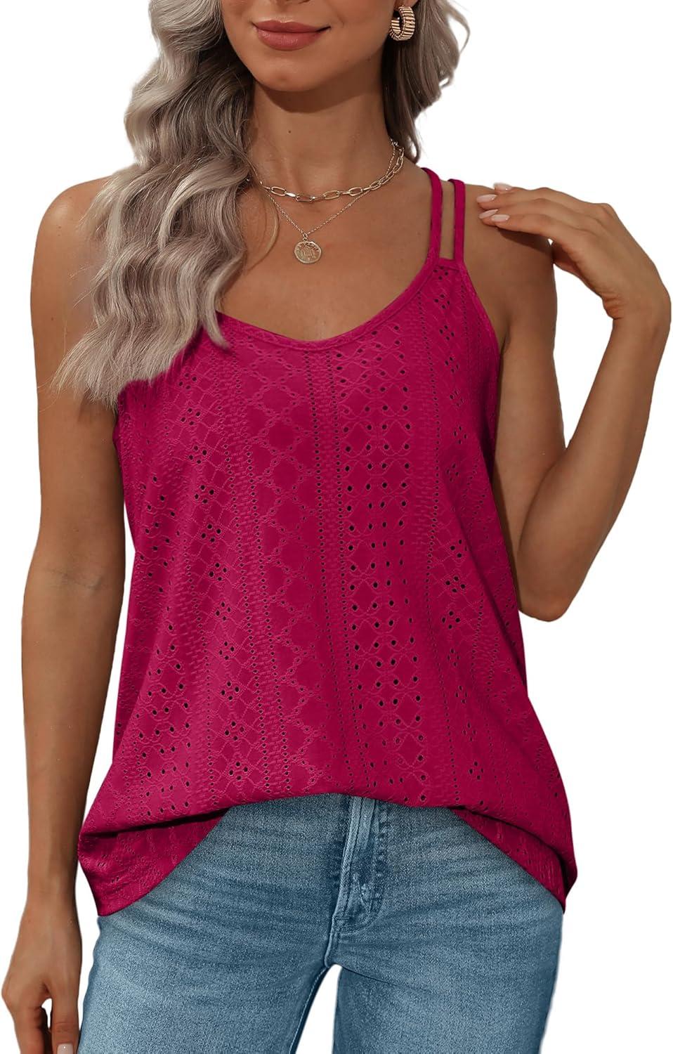 imageXIEERDUO Womens Tank Tops Spaghetti Strap Camisoles Eyelet Embroidery Scoop Neck TopsM6 Rose