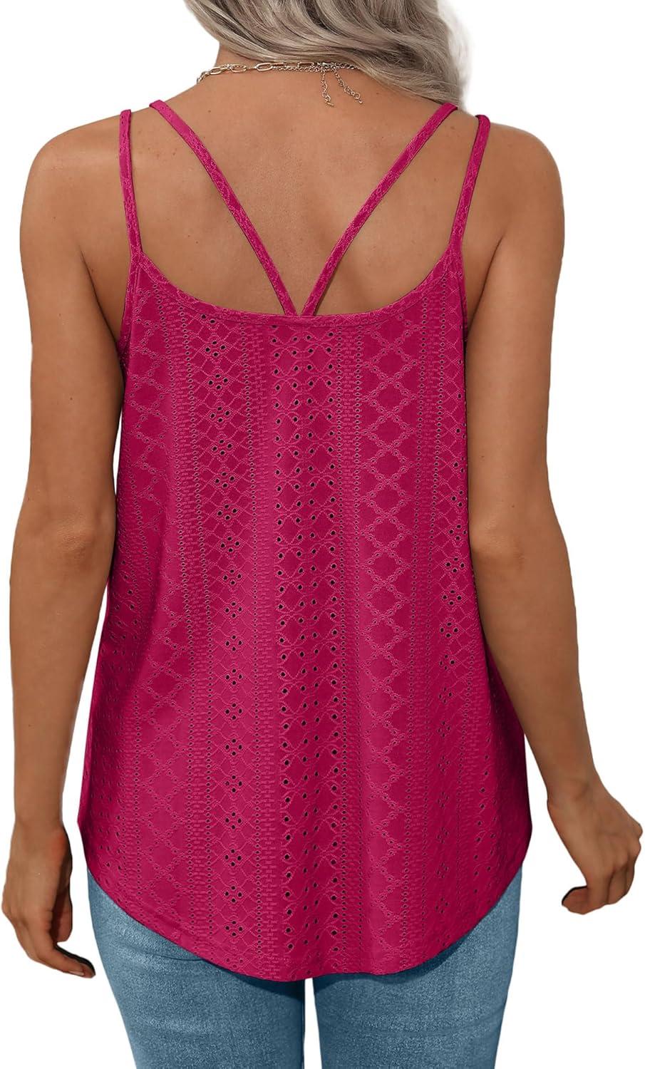 imageXIEERDUO Womens Tank Tops Spaghetti Strap Camisoles Eyelet Embroidery Scoop Neck TopsM6 Rose