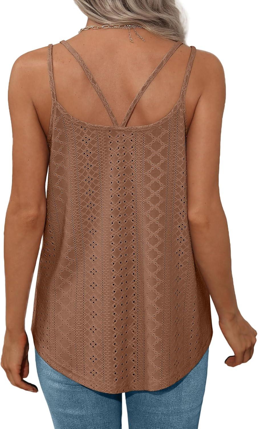 imageXIEERDUO Womens Tank Tops Spaghetti Strap Camisoles Eyelet Embroidery Scoop Neck TopsM8 Brown